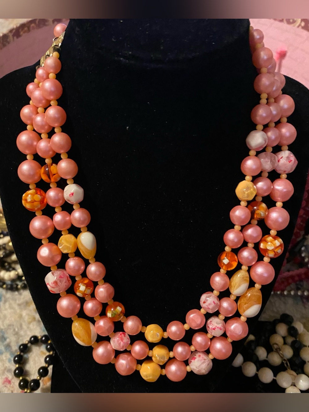 Vintage Japan 3 Strand Peach Pink Pearl
Confetti Bead Necklace